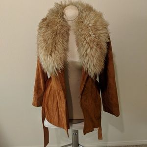 Rare Vintage Suede Wrap Jacket w Faux Fur Neckline